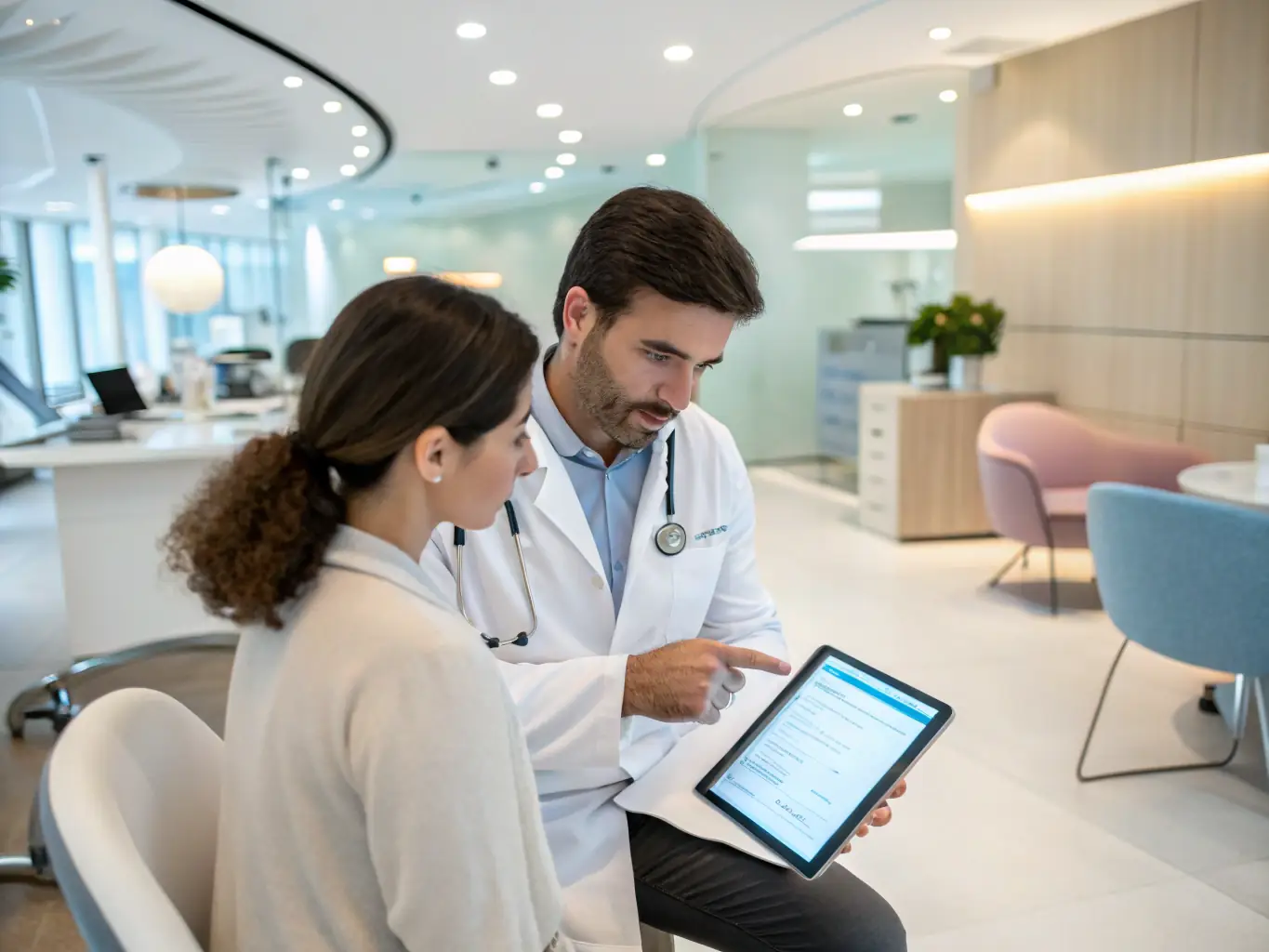 A doctor is consulting with a patient, reviewing health data on a tablet, in a modern clinic setting. The scene emphasizes personalized care and data-driven insights.