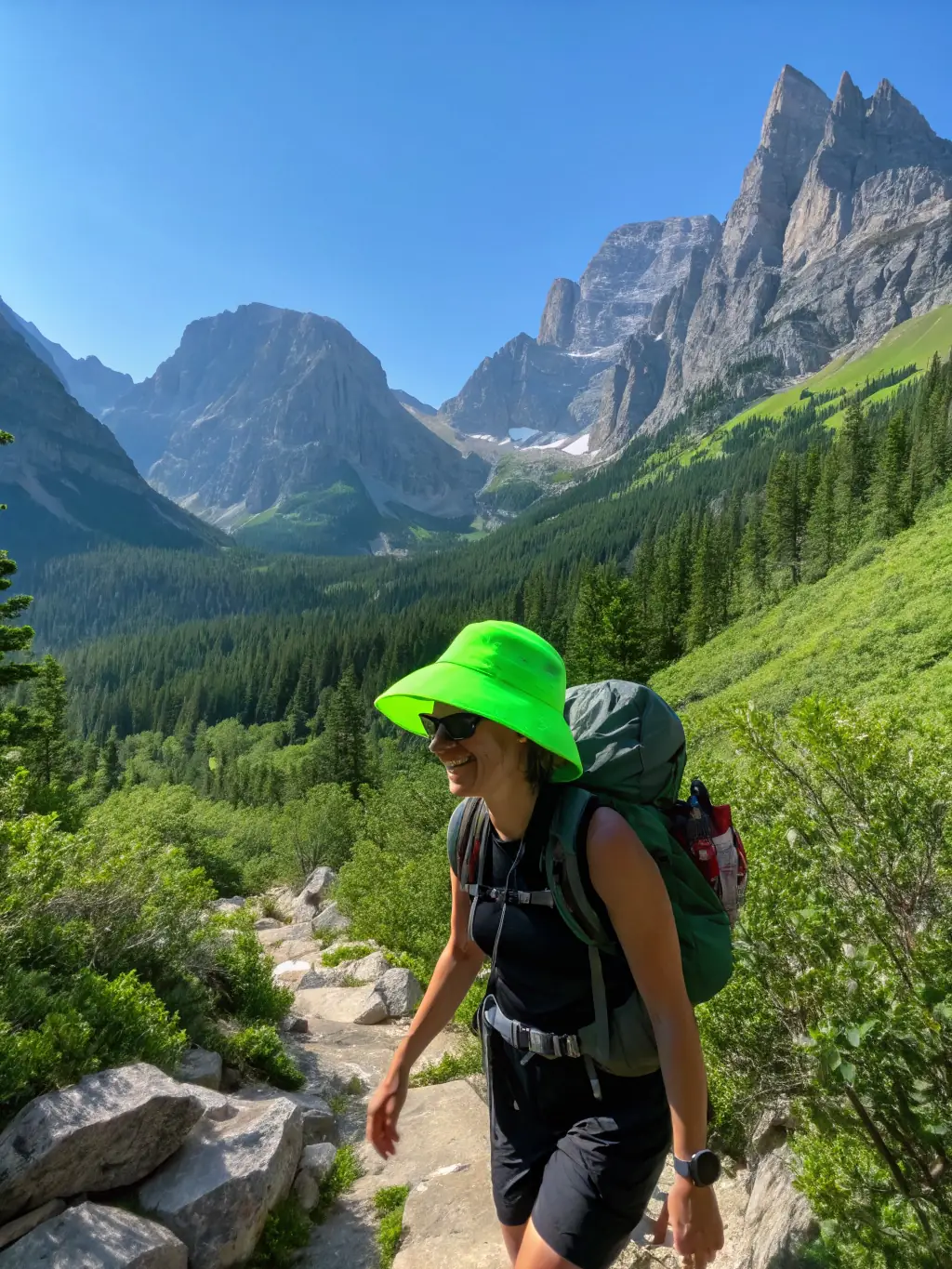 A person happily hiking in a natural setting, symbolizing sustainable health and lifestyle changes achieved through the Momentum Health program.