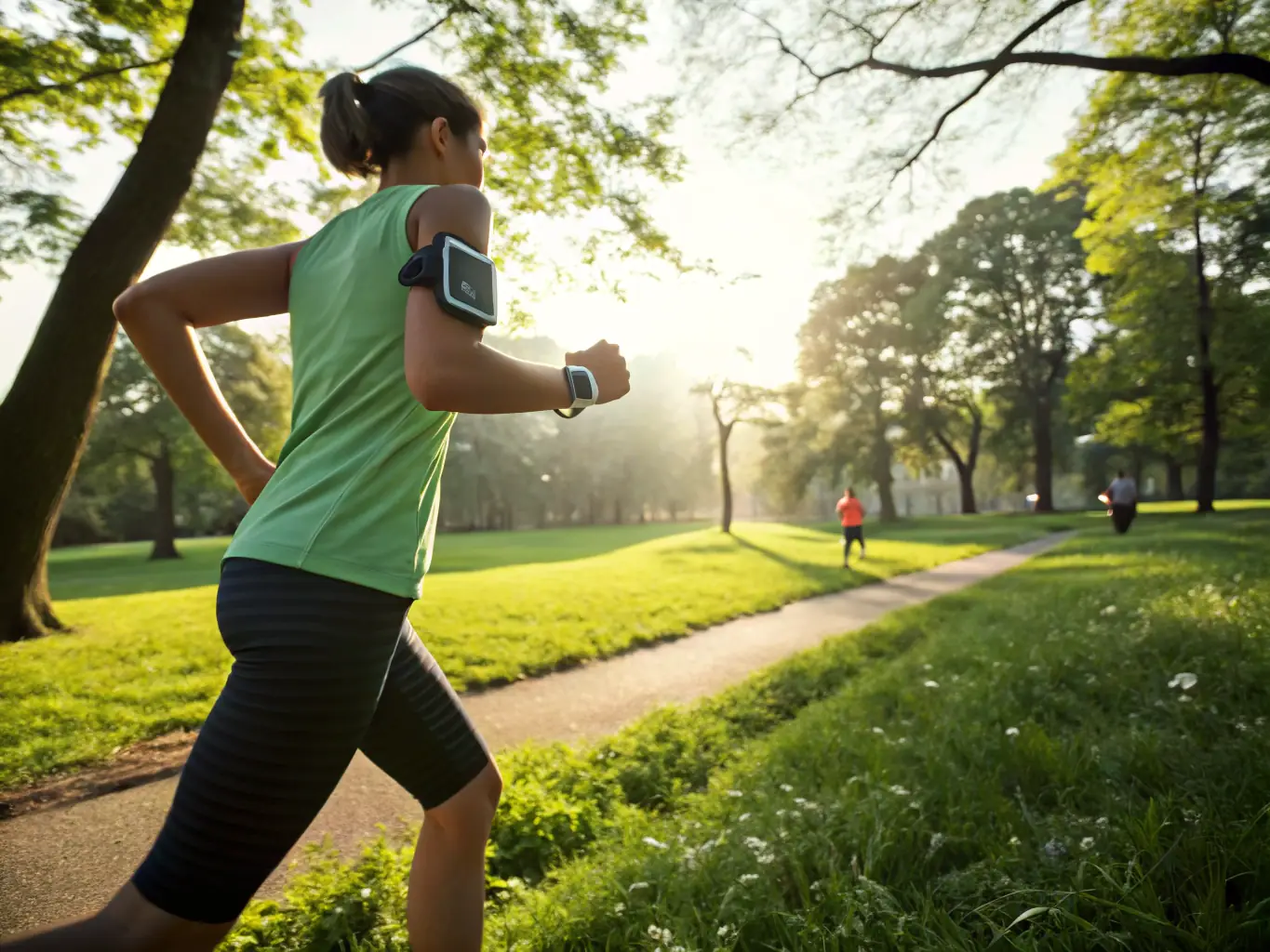 A person is using a fitness tracker while exercising outdoors, monitoring their heart rate and activity levels. The scene emphasizes the importance of tracking progress and staying motivated.