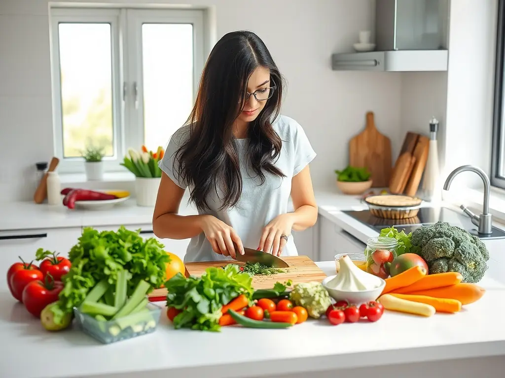 A person is preparing a healthy meal in their kitchen, focusing on fresh vegetables and lean protein. The scene highlights the importance of nutrition in the Momentum Health program.
