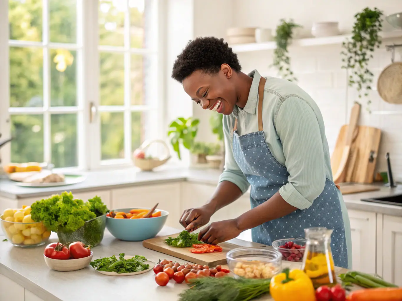 A person happily preparing a healthy meal with fresh vegetables.